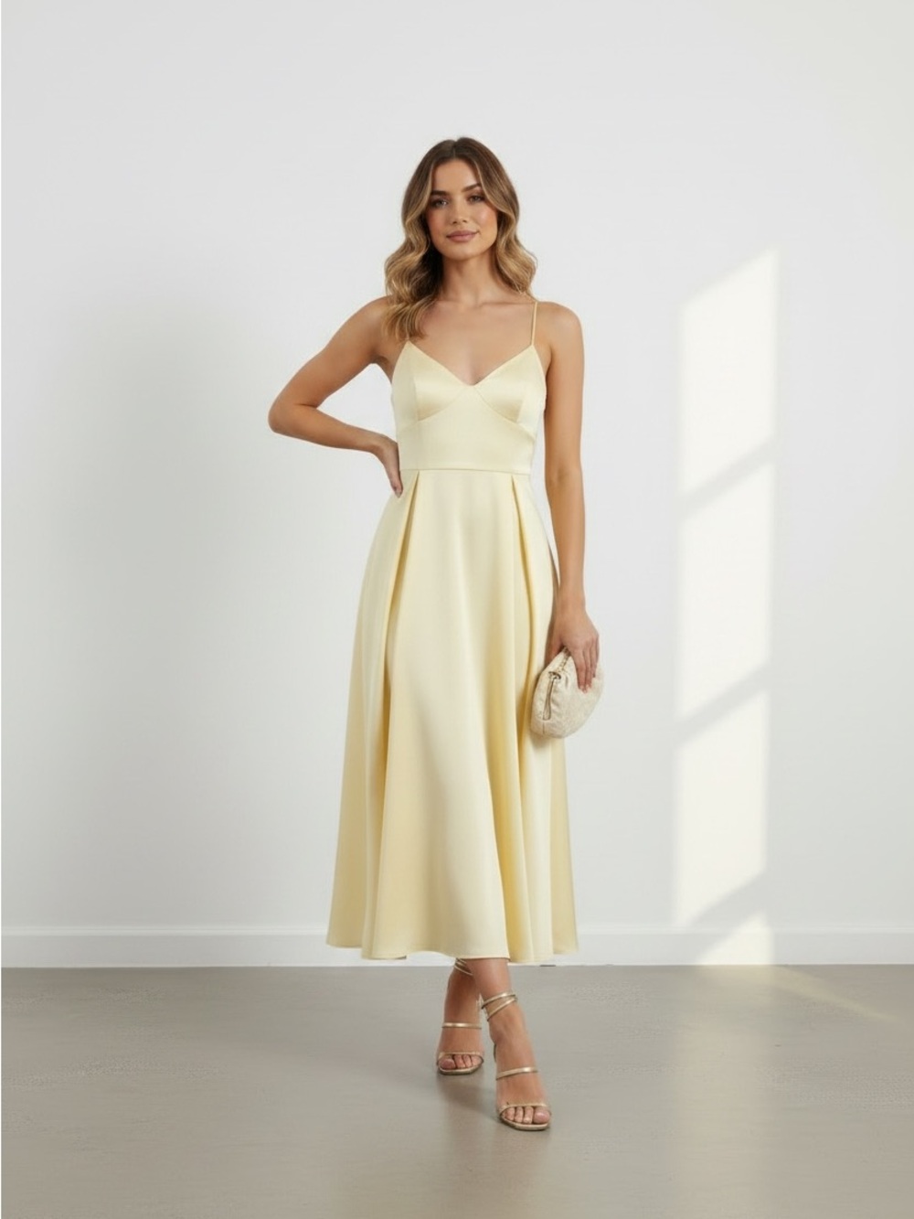 Lulu's Pale Yellow Spaghetti-Strap Midi Dress